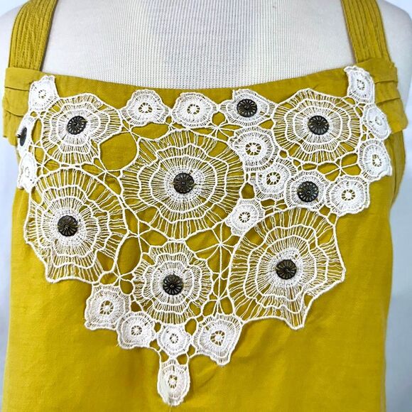 FLOREAT ANTHROPOLOGIE Gold Floral Lace Tank Top Cotton Cupro Women's 10 Bohemian - Picture 2 of 7